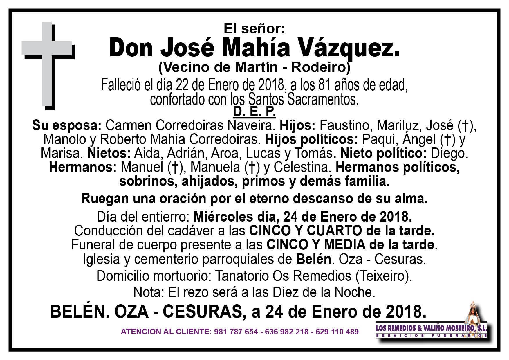 Esquela de José Mahía Vázquez.