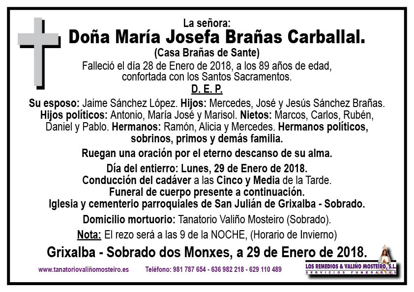 Esquela de María Josefa Brañas Carballal.