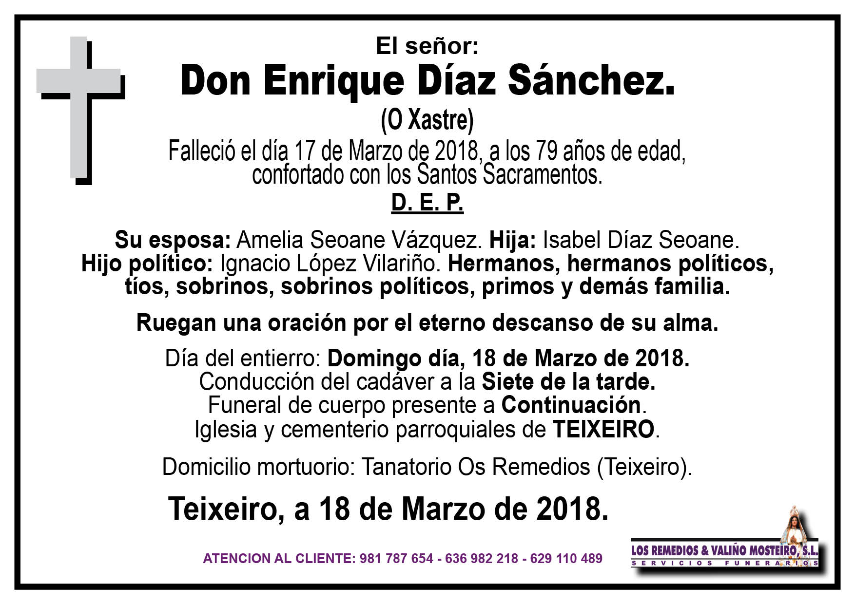 Esquela de Enrique Díaz Sánchez.