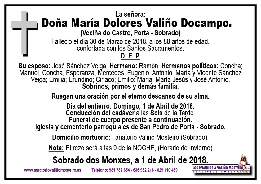 Esquela de María Dolores Valiño Docampo.