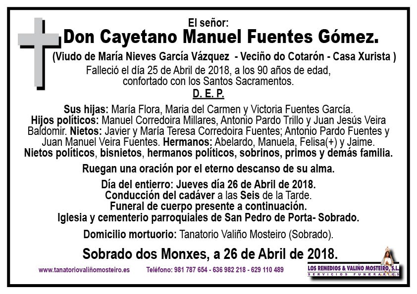 Esquela de Cayetano Manuel Fuentes Gómez.