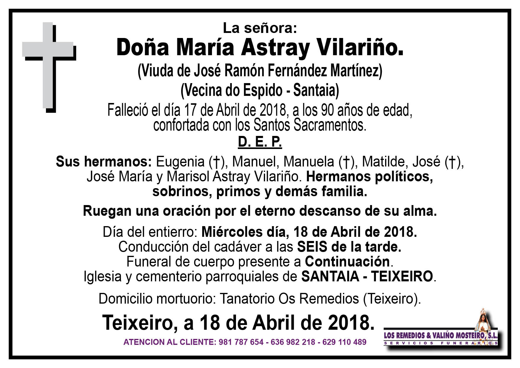 Esquela de María Astray Vilariño.