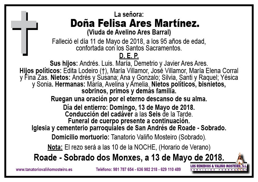 Esquela de Felisa Ares Martínez.