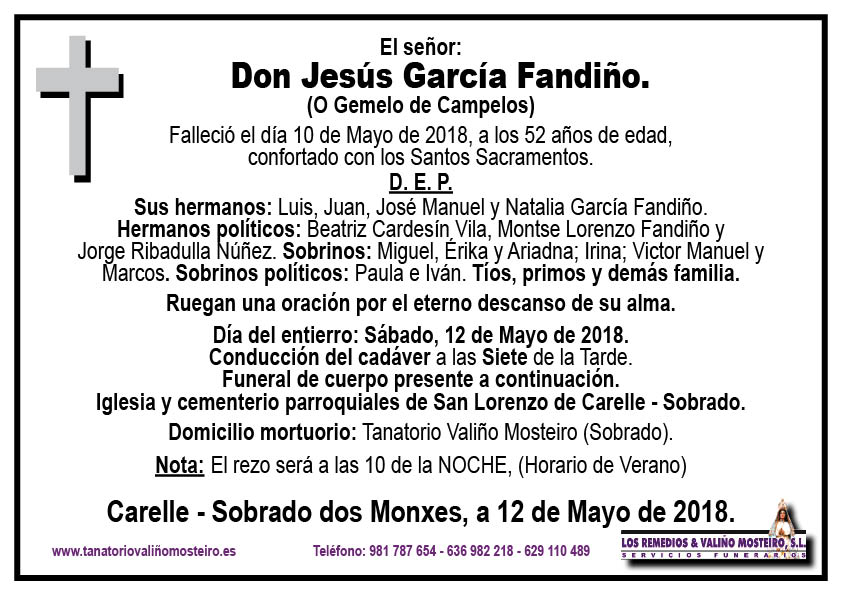 Esquela de Jesús García Fandiño.