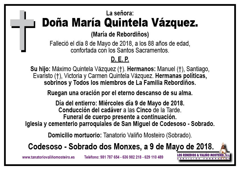 Esquela de María Quintela Vázquez.