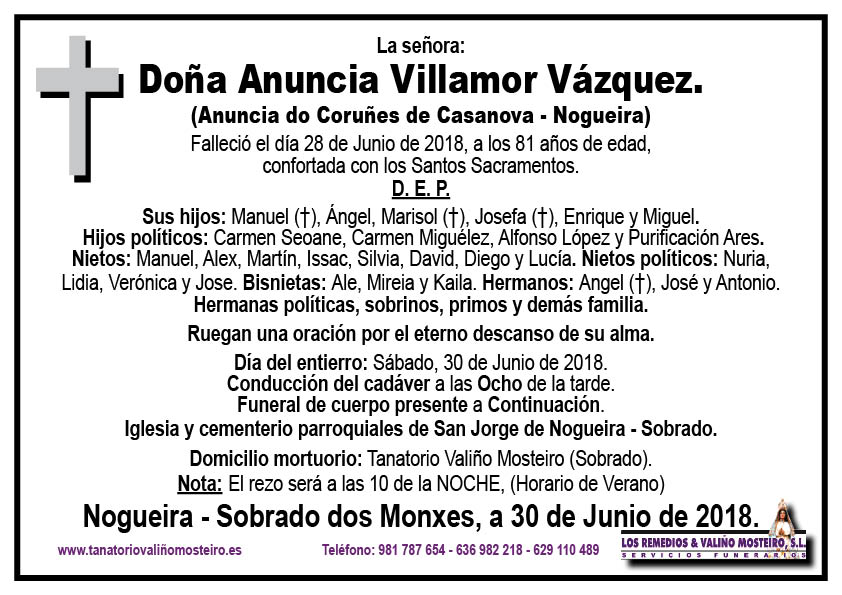 Esquela de Anuncia Villamor Vázquez.