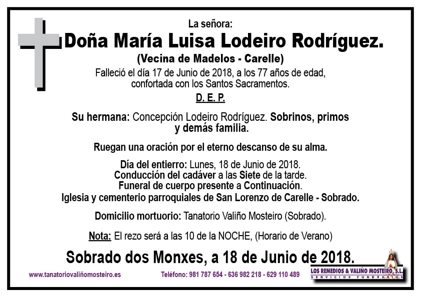 Esquela de María Luisa Lodeiro Rodríguez.