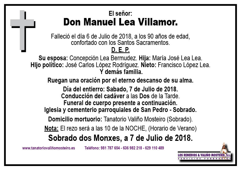 Esquela de Manuel Lea Villamor.