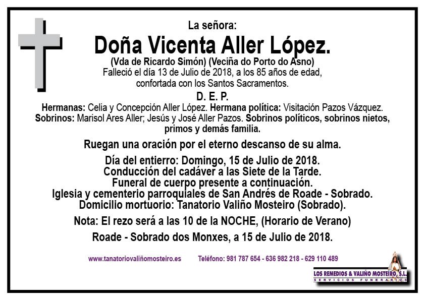 Esquela de Vicenta Aller López.