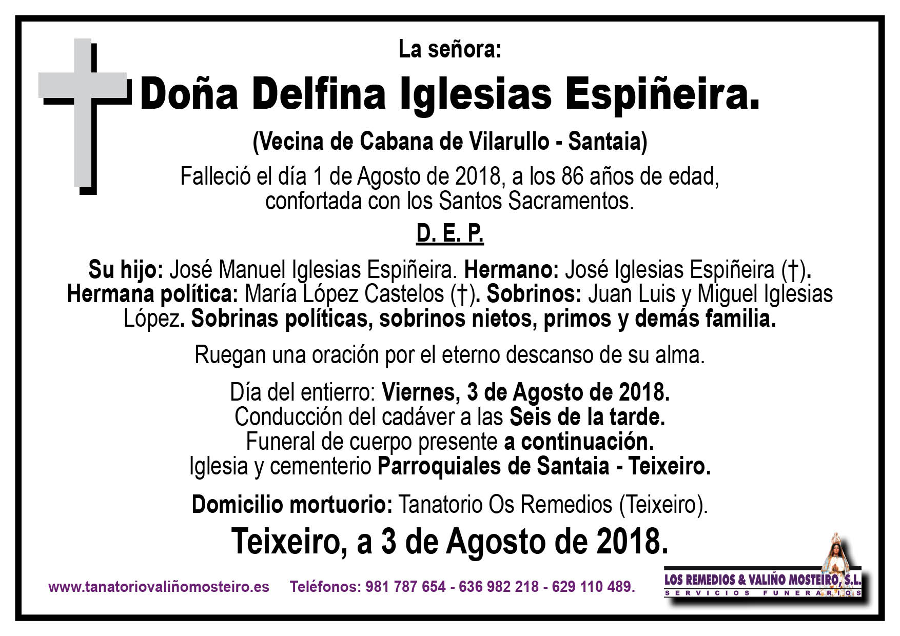 Esquela de Delfina Iglesias Espiñeira.