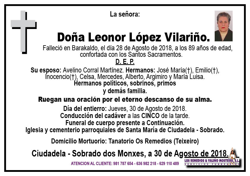 Esquela de Leonor López Vilariño.