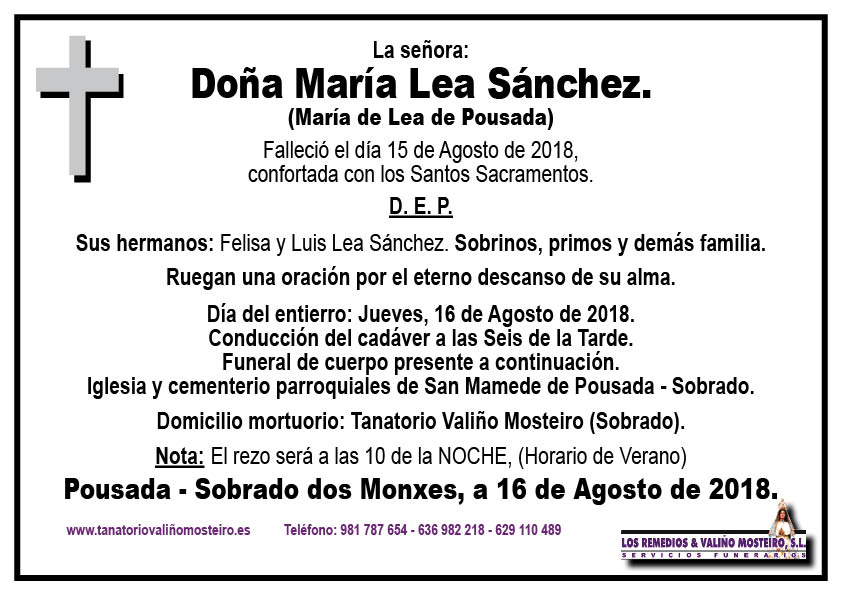 Esquela de María Lea Sánchez.