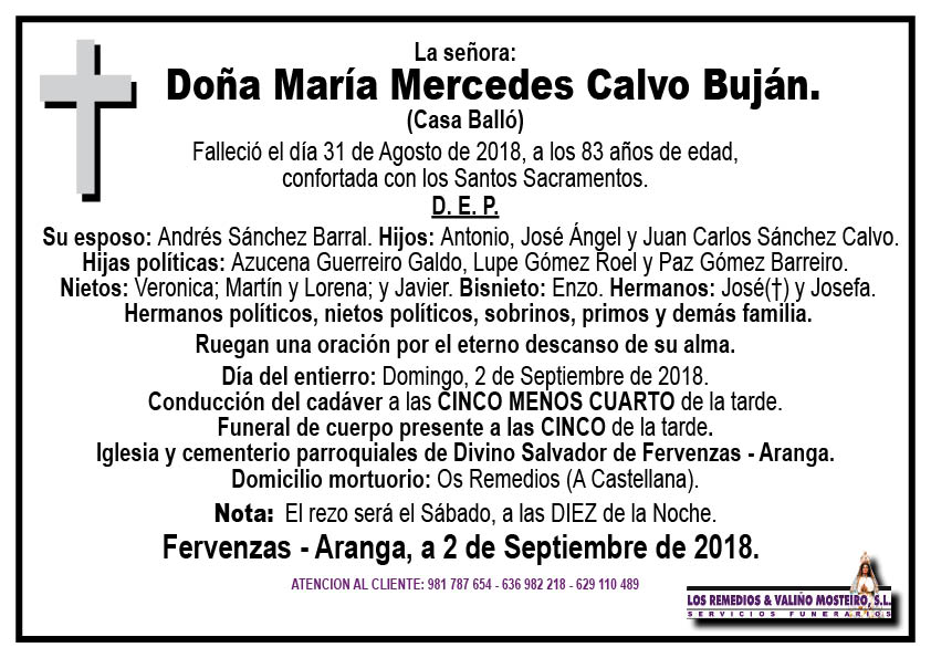 Esquela de María Mercedes Calvo Buján.