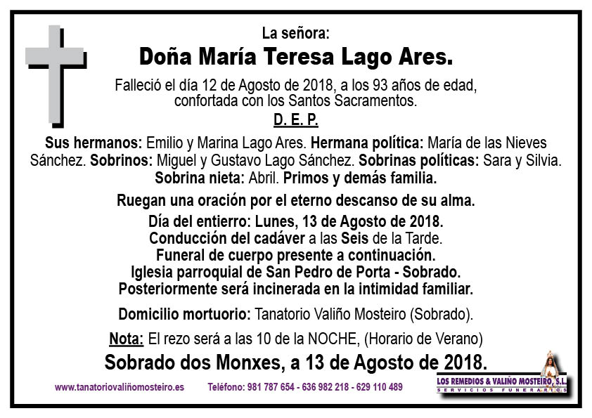 Esquela de María Teresa Lago Ares.