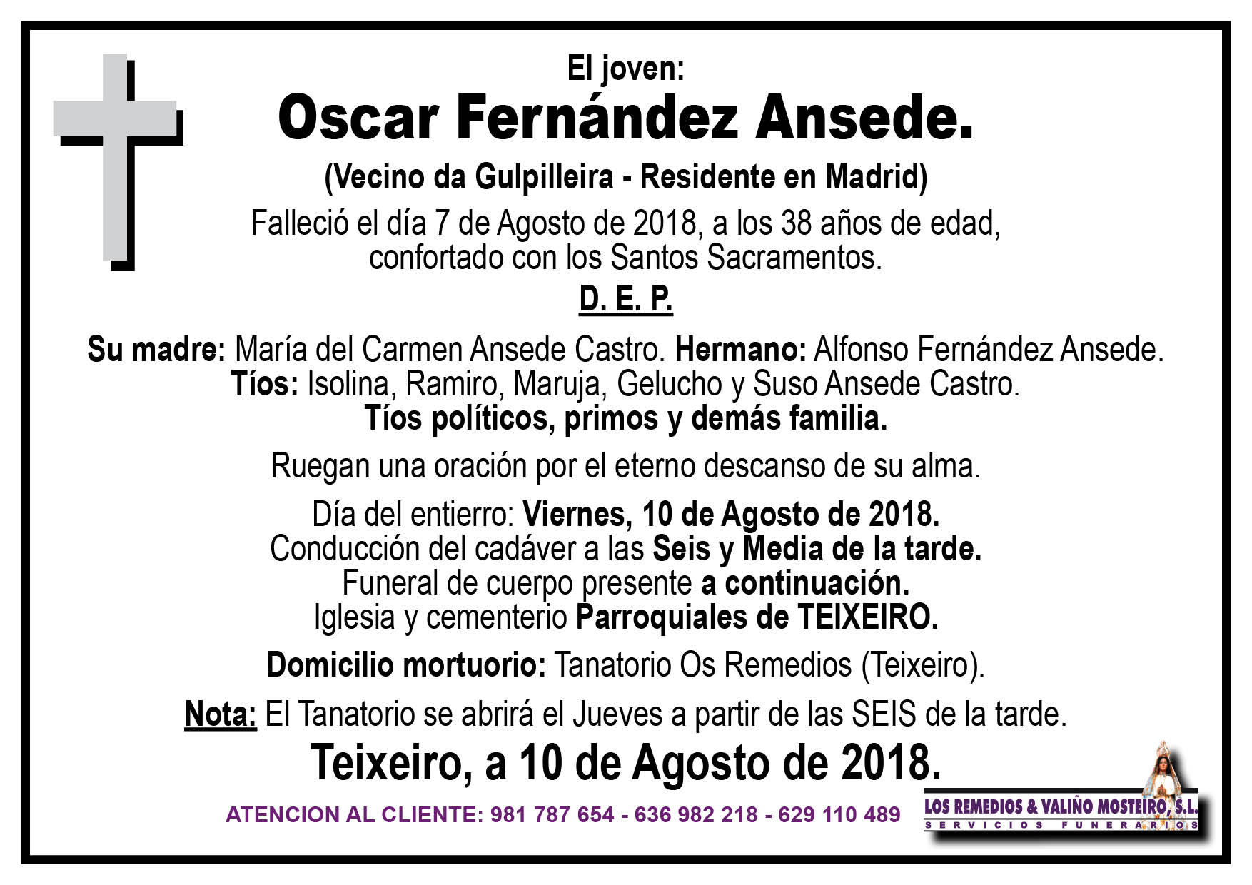 Esquela de Oscar Fernández Ansede.