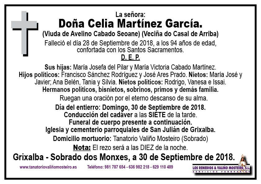 Esquela de Celia Martínez García.