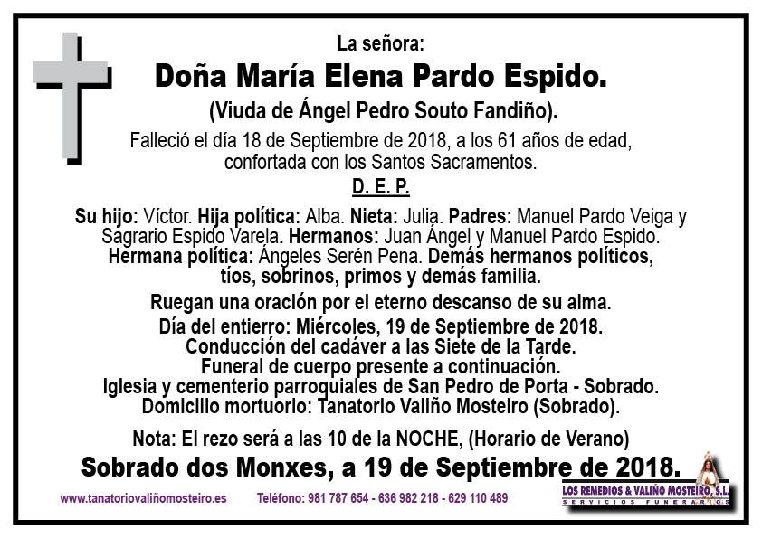 Esquela de María Elena Pardo Espido.