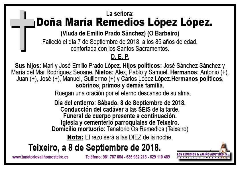 Esquela de María Remedios López López.