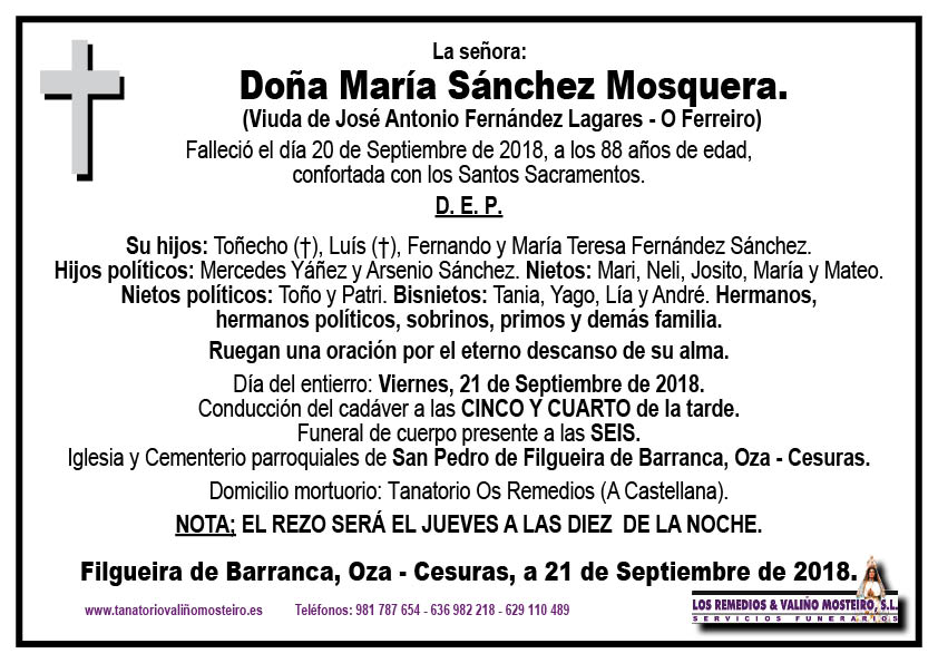 Esquela de María Sánchez Mosquera.