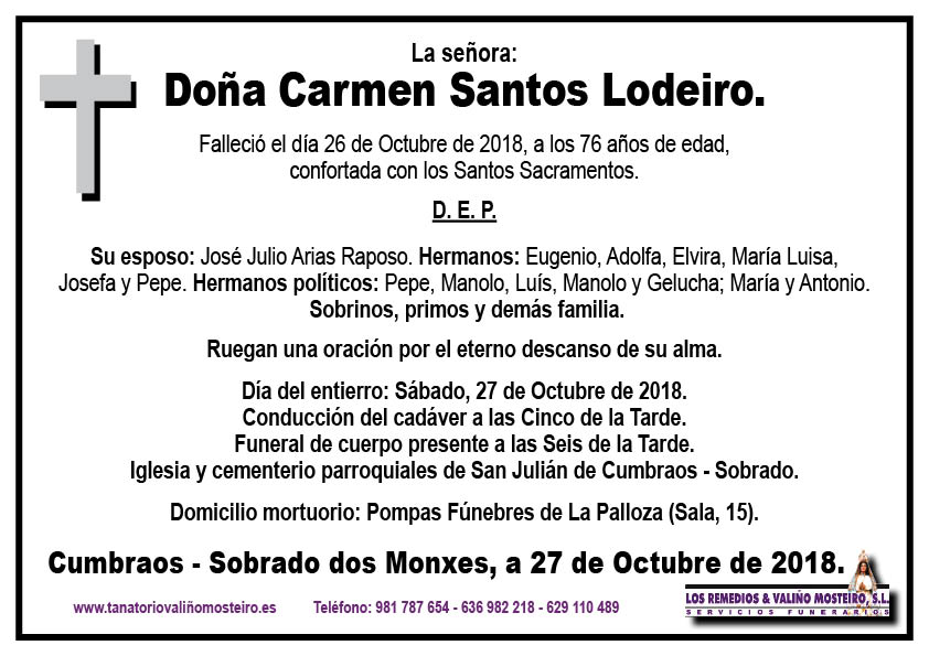 Esquela de Carmen Santos Lodeiro.