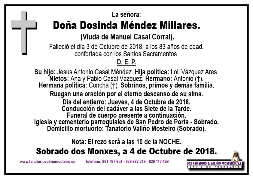 Esquela de Dosinda Méndez Millares.