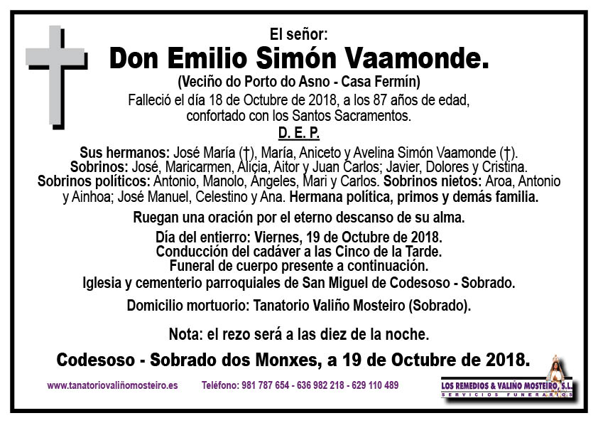 Esquela de Emilio Simón Vaamonde.