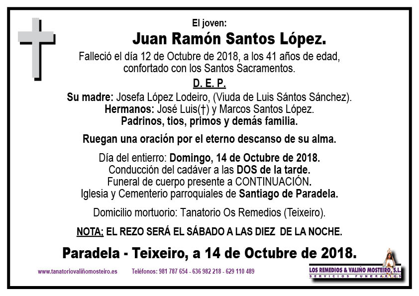 Esquela de Juan Ramón Santos López.