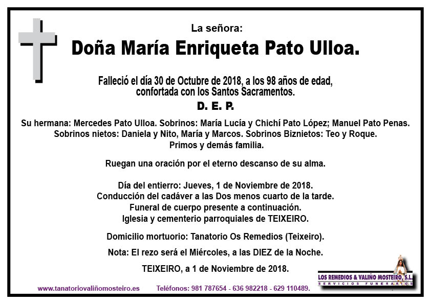 Esquela de María Enrriqueta Pato Ulloa.