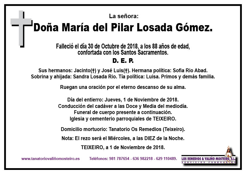 Esquela de Maria del Pilar Losada Gómez.