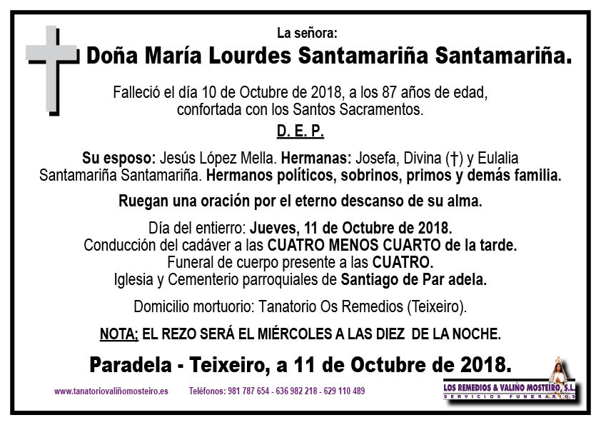 Esquela de María Lourdes Santamariña Santamariña.