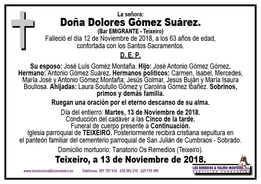 Esquela de Dolores Gómez Suárez.