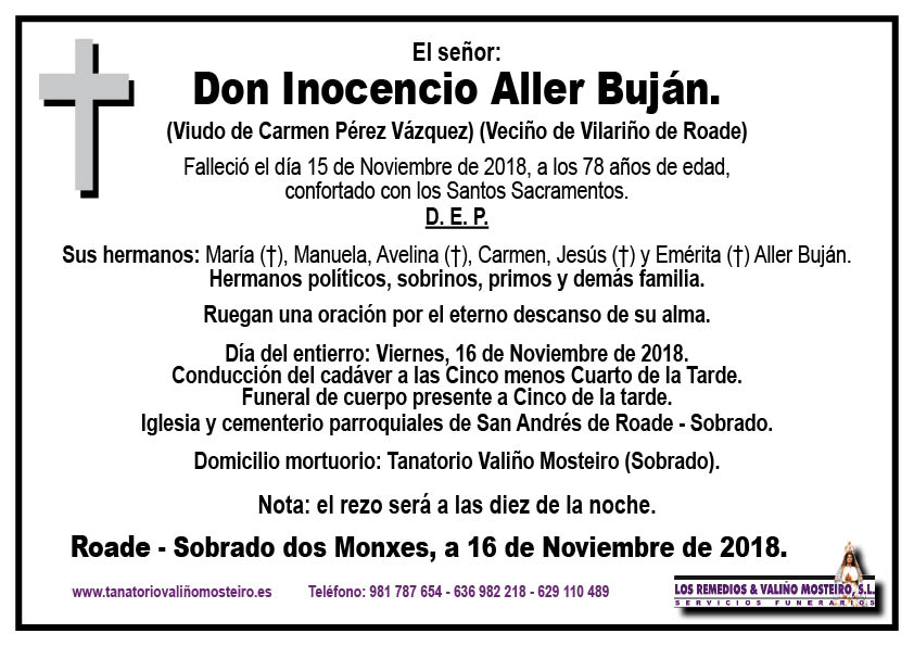 Esquela de Inocencio Aller Buján.