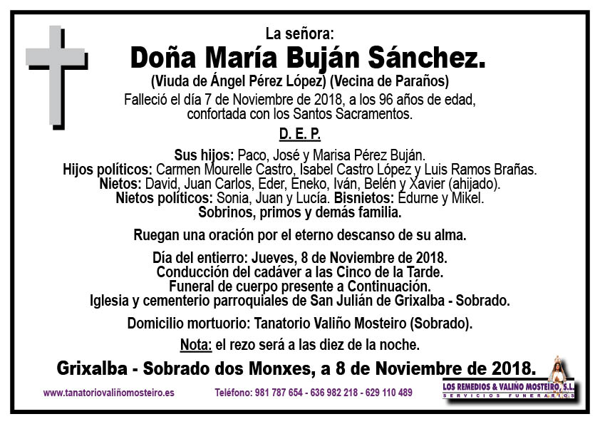 Esquela de María Buján Sánchez.