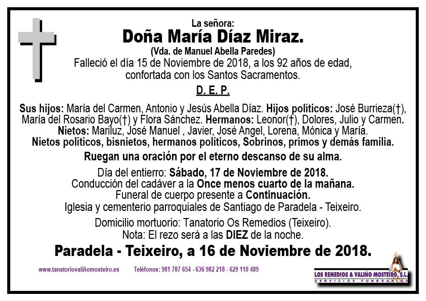 Esquela de María Díaz Miraz.