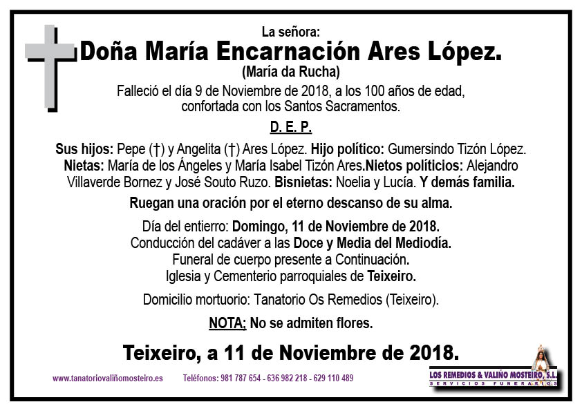 Esquela de María Encarnación Ares López.