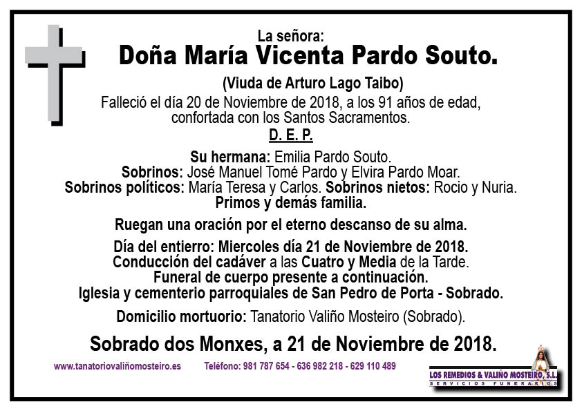 Esquela de María Vicenta Pardo Souto.