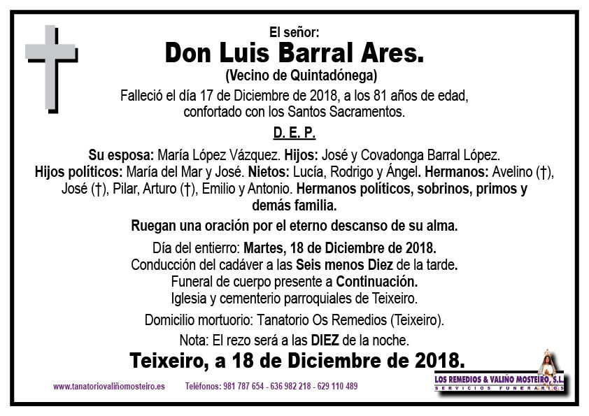 Esquela de Luis Barral Ares.