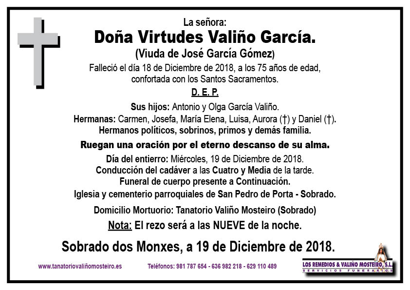 Esquela de Virtudes Valiño García.