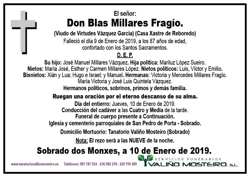 Esquela de Blas Millares Fragío.