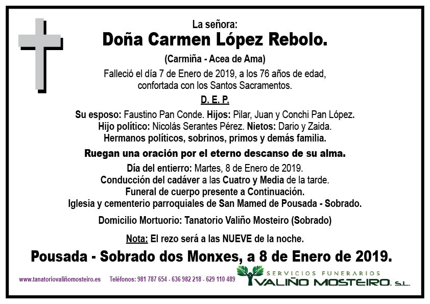 Esquela de Carmen López Rebolo.