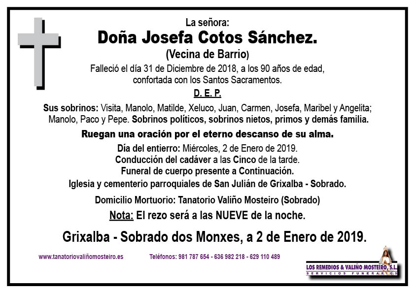 Esquela de Josefa Cotos Sánchez.