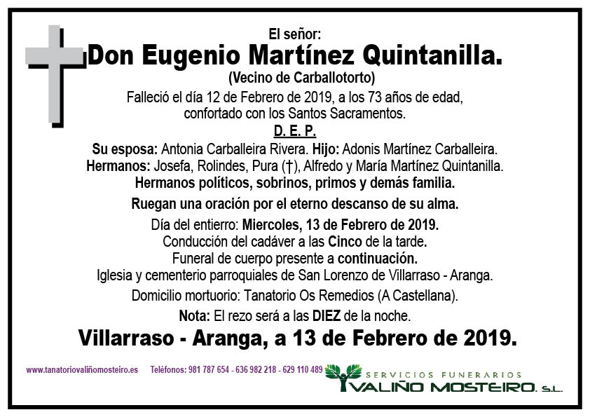 Esquela de Eugenio Martínez Quintanilla.