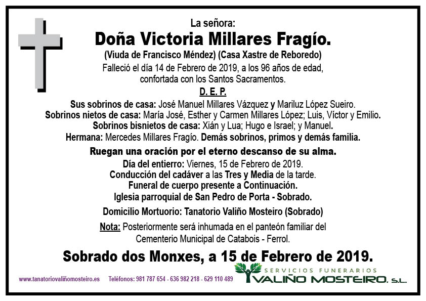 Esquela de Victoria Millares Fragío.