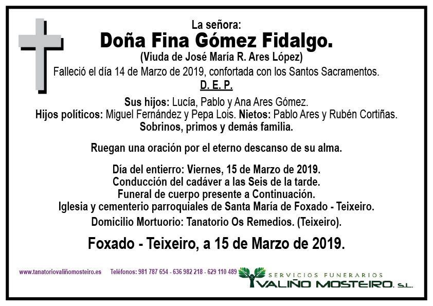 Esquela de Fina Gómez Fidalgo.