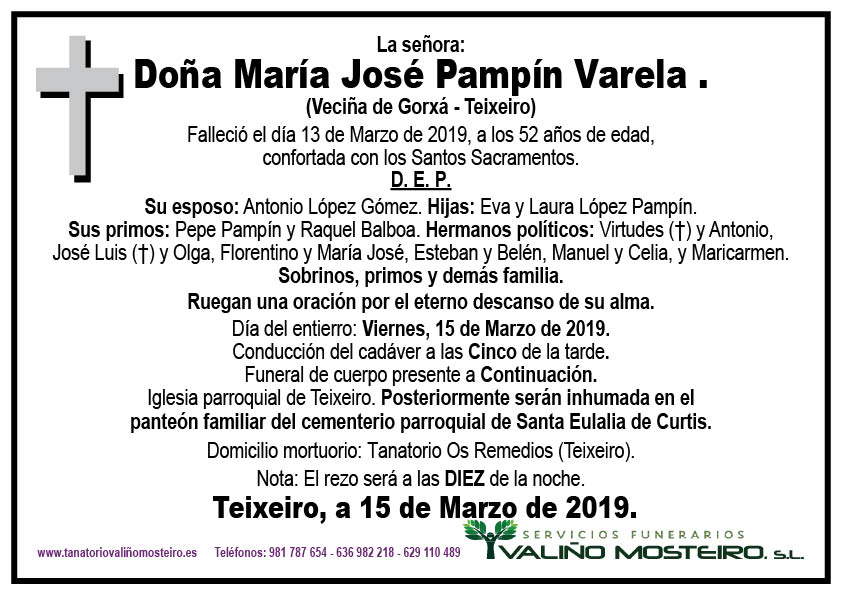 Esquela de María José Pampín Varela.