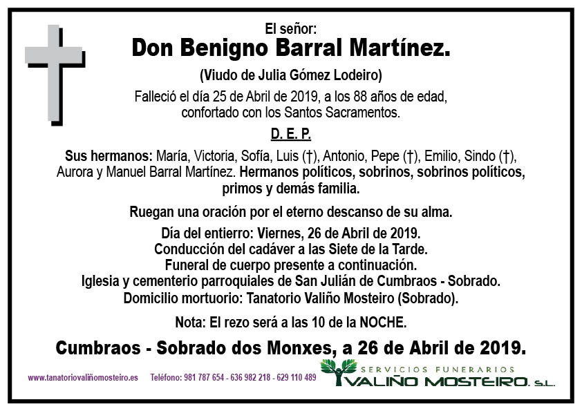 Esquela de Benigno Barral Martínez.