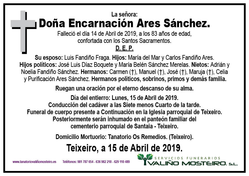 Esquela de Encarnación Ares Sánchez.