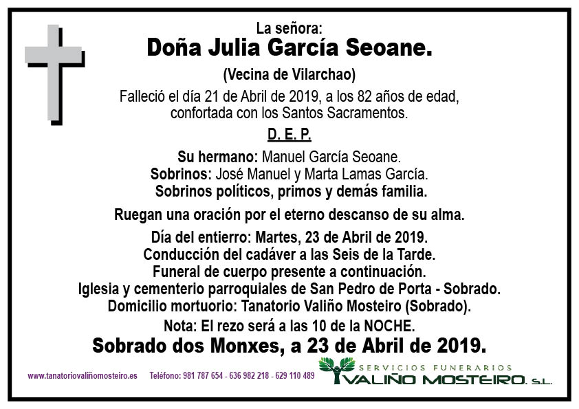 Esquela de Julia García Seoane.