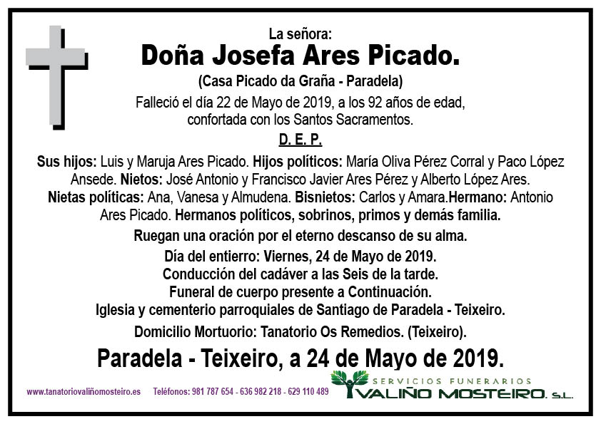 Esquela de Josefa Ares Picado.