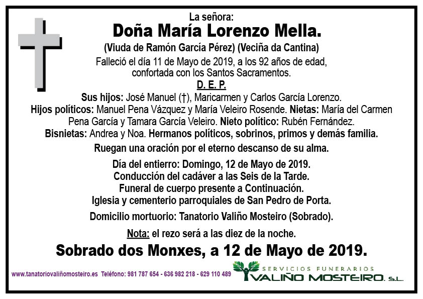 Esquela de María Lorenzo Mella.